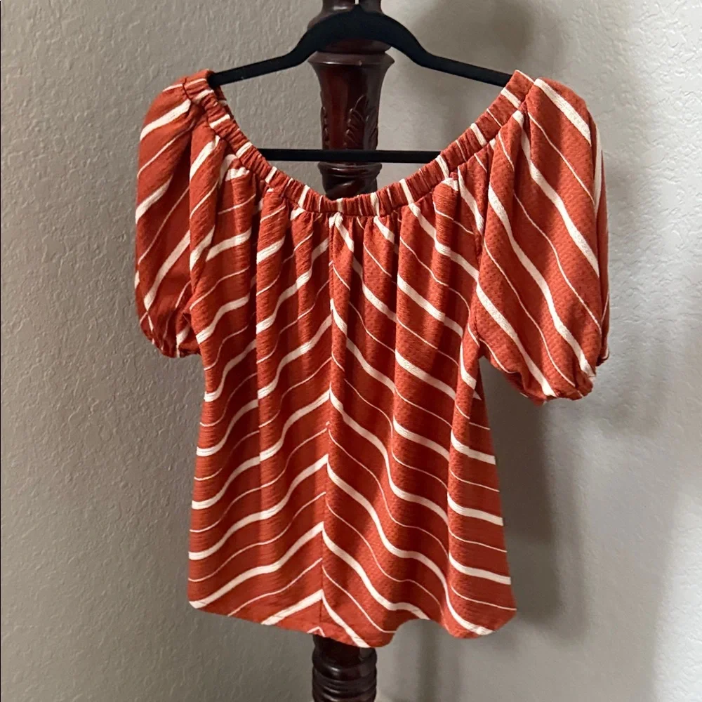 Anthropologie Rust and White Striped Off-Shoulder Top